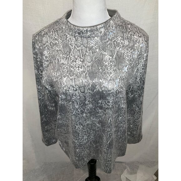 Chico’s Python Sequin Mock Top With Knit Pattern Slate Gray Size 2 Large NEW - Picture 2 of 6